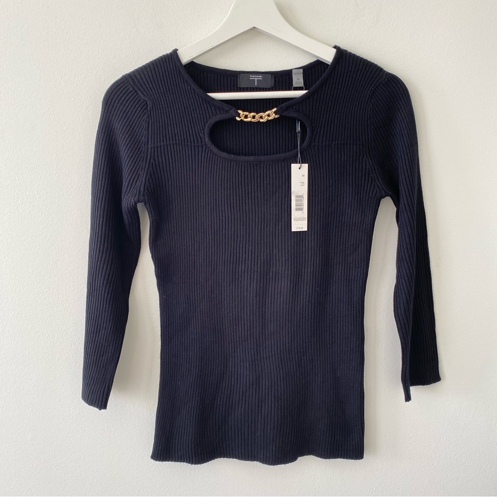 TAHARI Women’s Knit 3/4 Sleeve Cutout Front Gold Metal Chain Black Top
